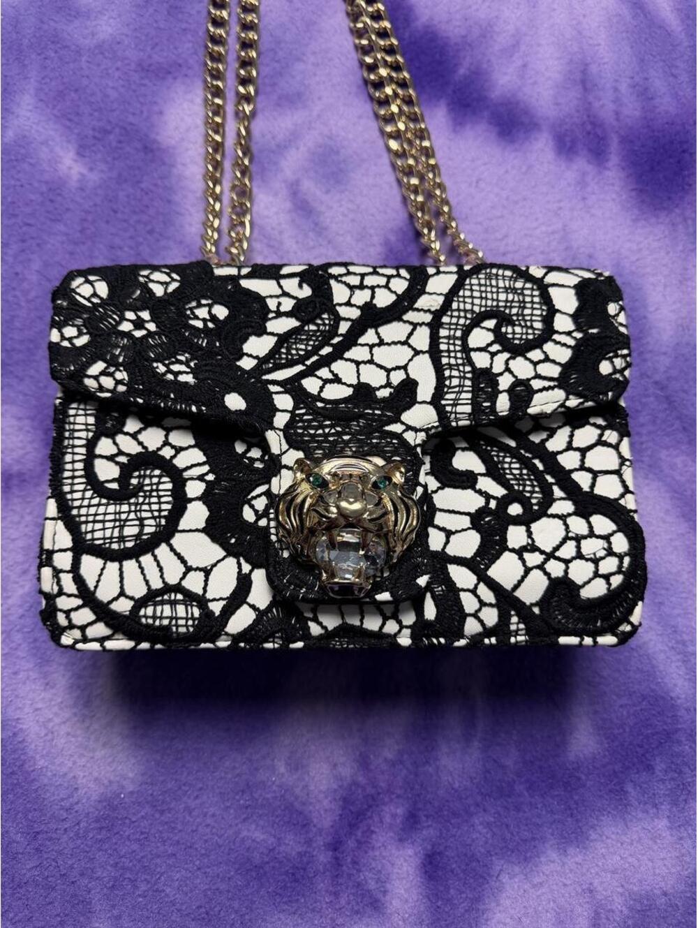 Betsey Johnson tiger head lace black and white bag